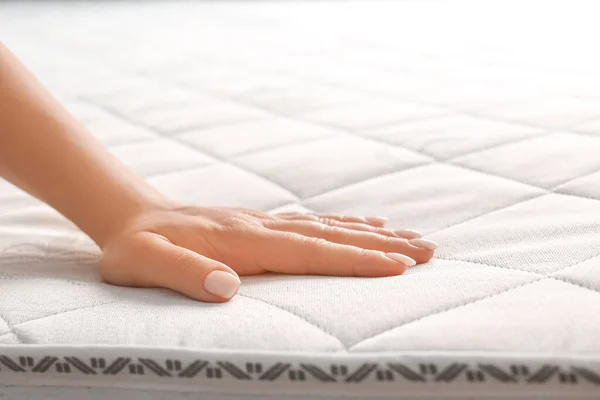 Woman Touching Soft Orthopedic Mattress Closeup — Stock Photo, Image