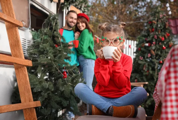 Happy Little Girl Cup Hot Cacao Drink Outdoors Christmas Eve — Stock Photo, Image