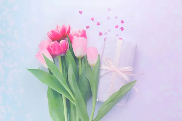 Gift Box Bouquet Beautiful Tulips Color Background — Stock Photo, Image