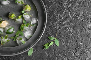 Koyu arkaplanda donmuş çiçeklerle kaplı bir tabak.