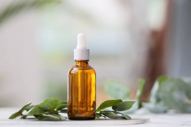 Bulanık arkaplanda okaliptüs yağı bulunan bir şişe.