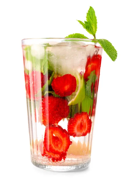 Glass Tasty Strawberry Mojito White Background — Stock Photo, Image