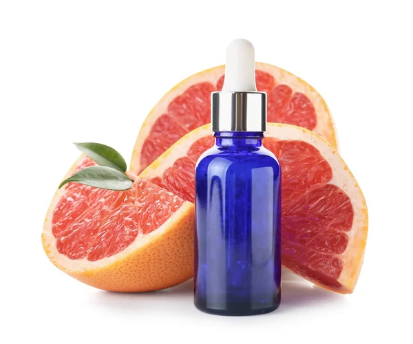 Bottle Grapefruit Essential Oil White Background — Stock Photo, Image