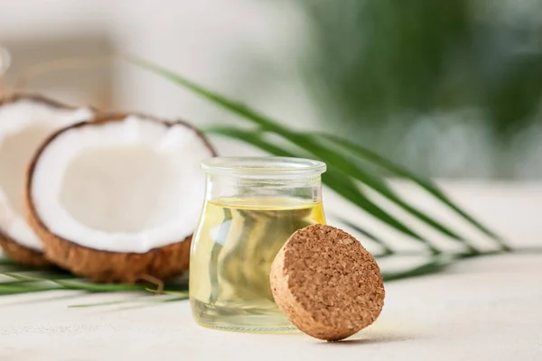 Bottle Coconut Essential Oil Blurred Background — Stock Photo, Image