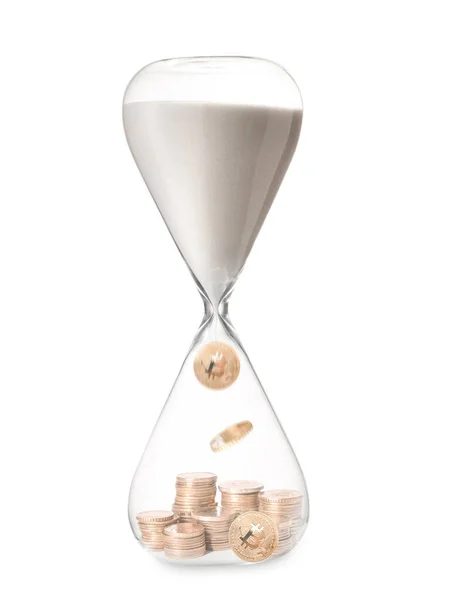 Hourglass Bitcoins White Background Time Money — Stock Photo, Image