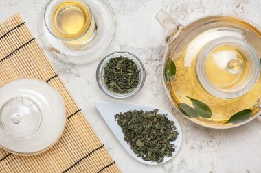 Bir fincan sıcak çay, kuru yapraklı kase ve masada çaydanlık.