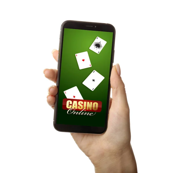 Woman Mobile Phone Playing Casino Online White Background — Stock Photo, Image