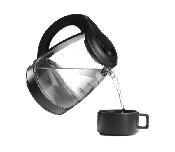 Pouring Boiled Water Electric Kettle Cup White Background — Foto de Stock