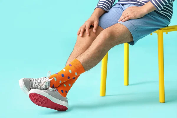 Young Man Stylish Shoes Orange Socks Color Background — Foto de Stock