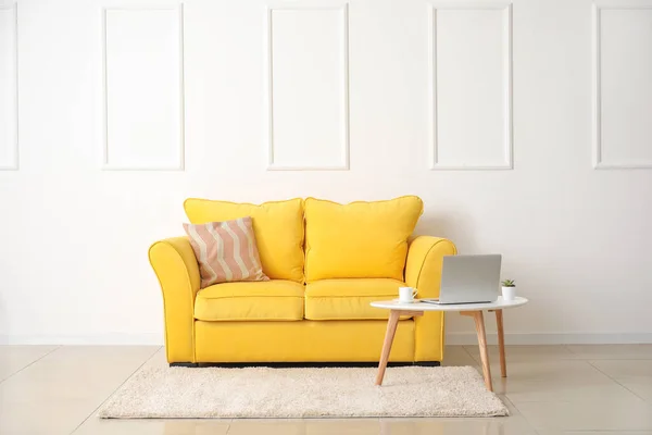 Stylish Sofa Laptop Light Wall Room — Stock Photo, Image