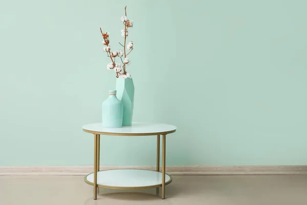 Vases Cotton Flowers Stylish Table Color Wall Room — Foto de Stock