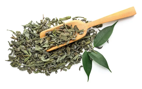 Dry Tea Leaves Wooden Scoop White Background — Foto de Stock