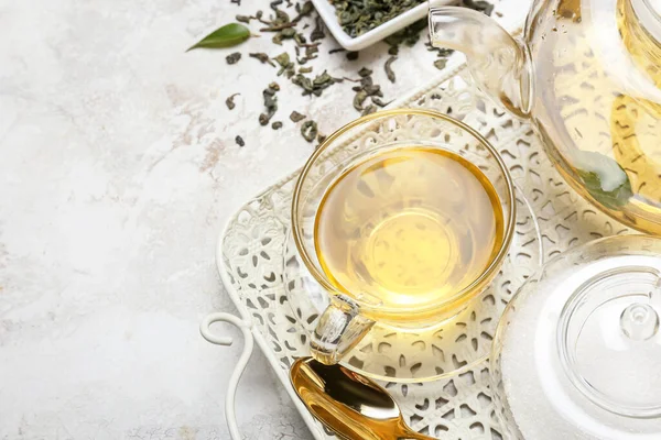 Plateau Avec Tasse Thé Chaud Sucre Théière Sur Table — Photo