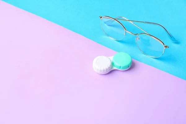 Container Contact Lenses Eyeglasses Color Background — Stock Photo, Image
