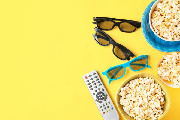 Tasty Popcorn Remote Control Glasses Color Background — Stock Photo, Image