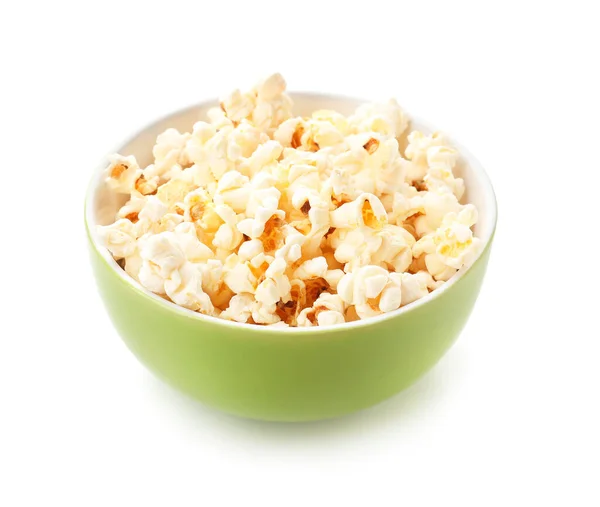 Bowl Tasty Popcorn White Background — Stock Photo, Image