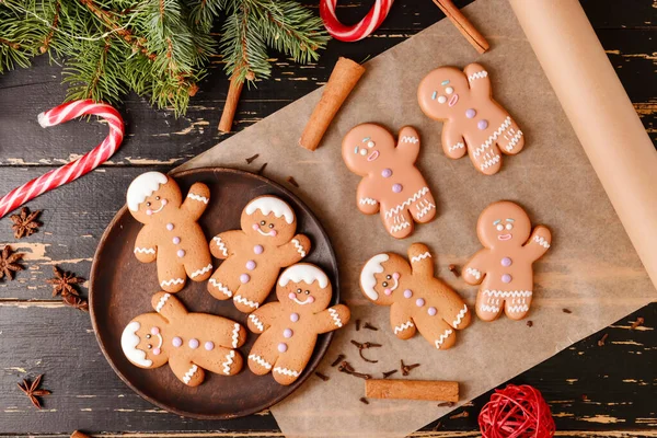 Christmas Composition Gingerbread Cookies Dark Wooden Background — Stock Photo, Image