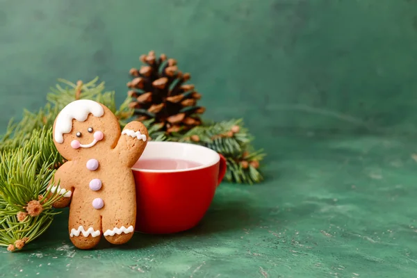 Christmas Composition Gingerbread Cookie Cup Tea Color Background — Stock Photo, Image