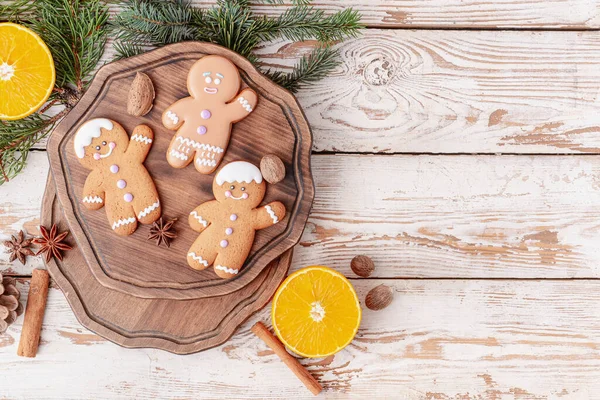 Christmas Composition Gingerbread Cookies White Wooden Background — Stock Photo, Image