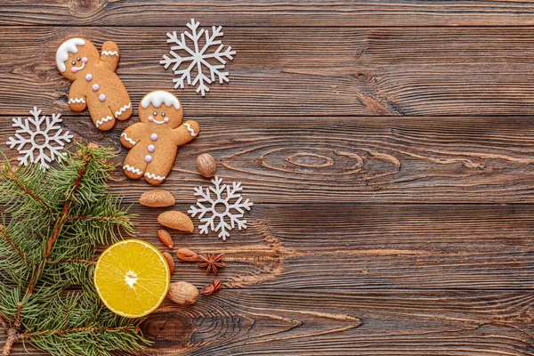 Christmas Composition Gingerbread Cookies Wooden Background — Stock Photo, Image
