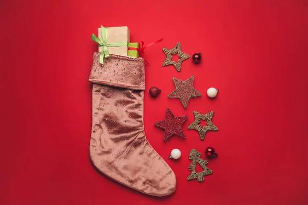 Composition Christmas Sock Color Background — Stock Photo, Image