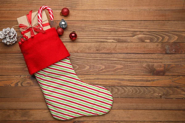 Christmas Sock Gifts Wooden Background — Stock Photo, Image