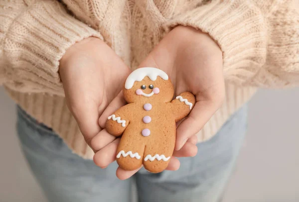 Woman Holding Christmas Cookie Closeup — Stock Photo, Image