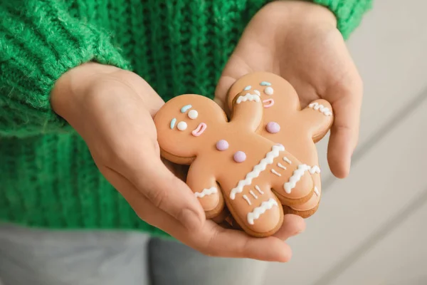 Woman Holding Christmas Cookies Closeup — Stock Photo, Image