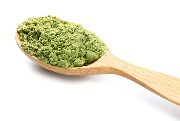 Löffel Mit Matcha Teepulver Auf Weißem Hintergrund — Stockfoto