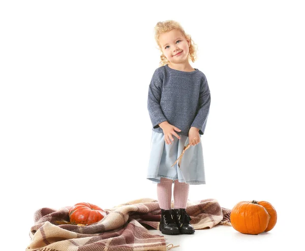 Cute Little Girl Pumpkins White Background — Stock Photo, Image