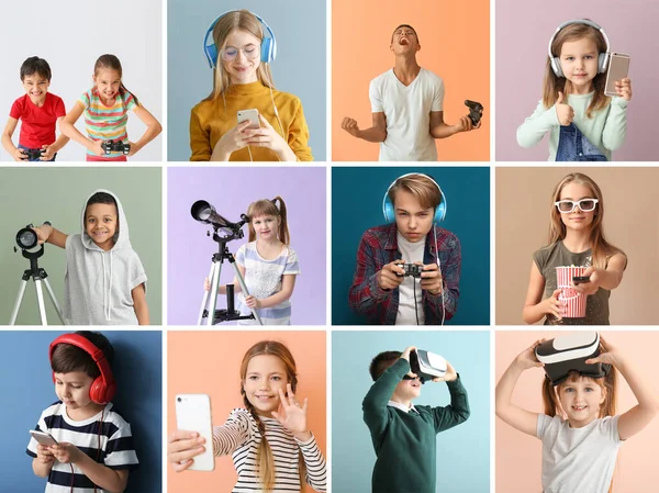 Collage Van Foto Met Verschillende Kinderen Met Behulp Van Apparaten — Stockfoto