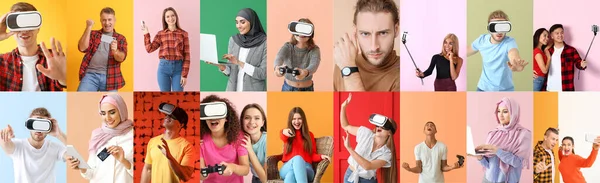 Collage Photos Different People Using Devices Color Background — Stock Photo, Image