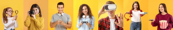 Collage Foto Con Persone Diverse Che Utilizzano Dispositivi Sfondo Giallo — Foto Stock