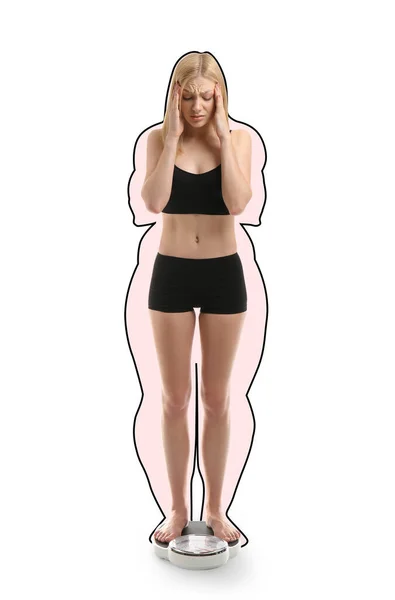 Nemocná Žena Hubnutí Bílém Pozadí Koncept Anorexie — Stock fotografie