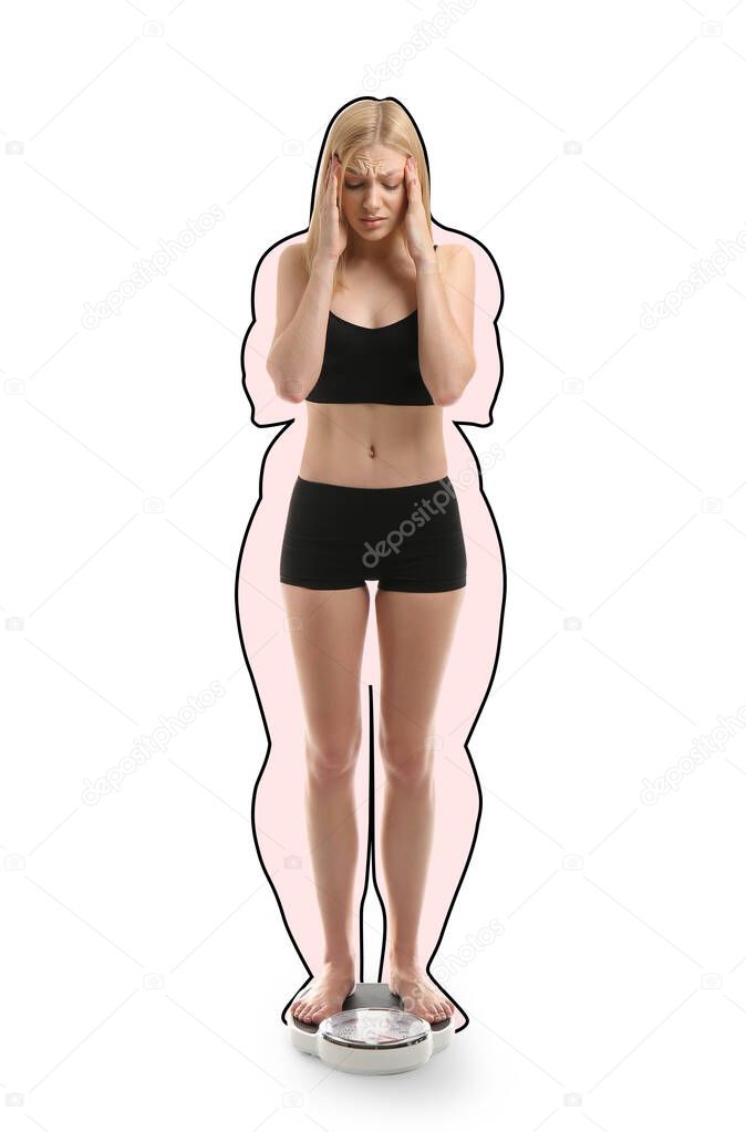 Sick woman after weight loss on white background. Concept of anorexia