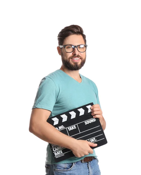 Bearded Man Movie Clapper White Background — Stock Photo, Image
