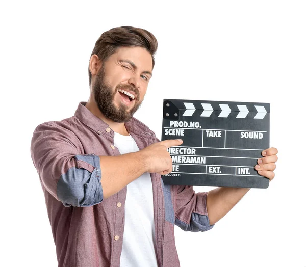 Baard Man Met Film Clapper Witte Achtergrond — Stockfoto