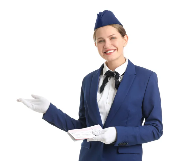 Mooie Stewardess Toont Iets Witte Achtergrond — Stockfoto
