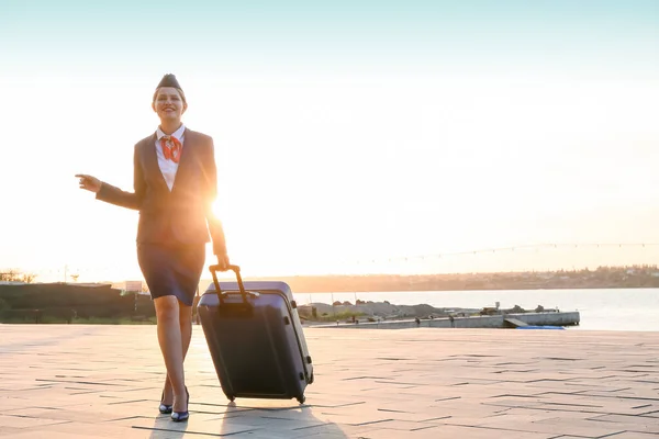 Young Stewardess Luggage Outdoors — Stock Photo, Image