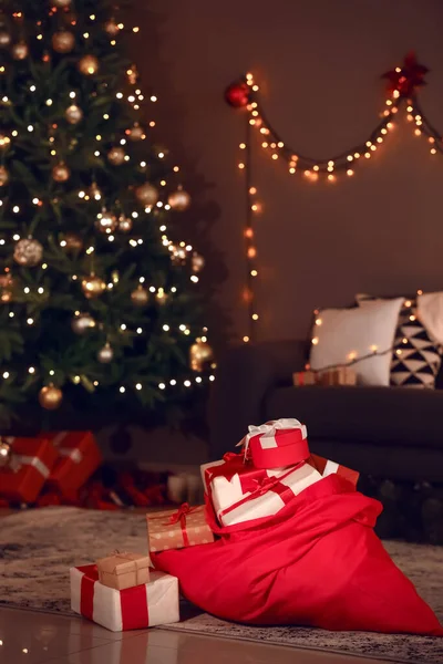 Santa Bag Christmas Gifts Room Night — Stock Photo, Image