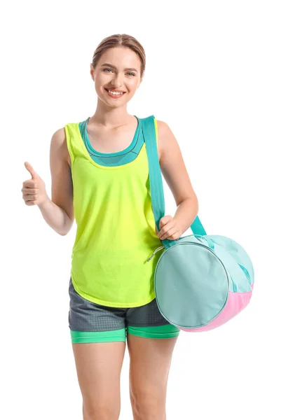 Young Woman Sports Bag Showing Thumb White Background — Stock Photo, Image