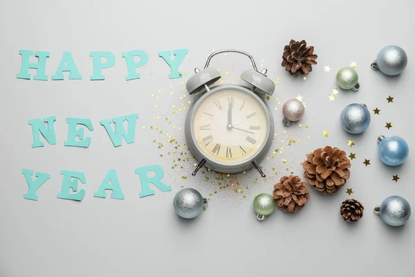 Alarm Clock Text Happy New Year Light Background — Stock Photo, Image
