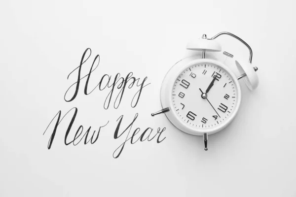 Alarm Clock Text Happy New Year White Background — Stock Photo, Image