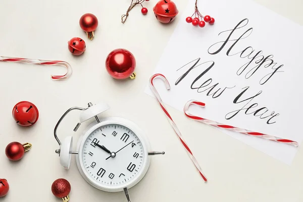 New Year Composition Alarm Clock Light Background — Stock Photo, Image