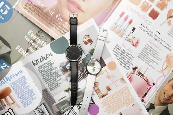 Wrist Watches Magazines Top View — Stock Photo, Image