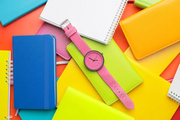 Wrist Watch Notebooks Color Background Background — Stock Photo, Image