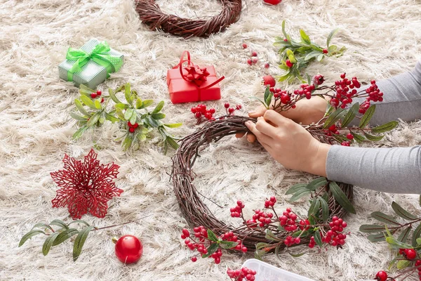 Woman Making Beautiful Christmas Wreath Home — Stock Photo, Image