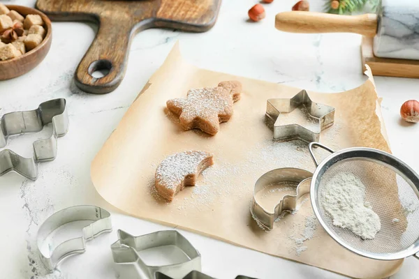 Fresh Dough Gingerbread Cookies Cutters Table — Stock Photo, Image