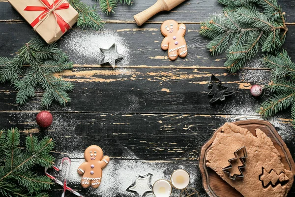 Christmas Composition Fresh Dough Gingerbread Cookies Cutters Dark Wooden Background — Stock Photo, Image