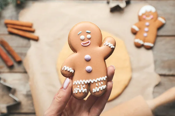 Female Hand Gingerbread Cookie Top View — Stock Photo, Image